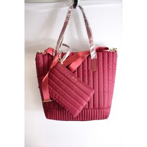 Anne Klein Quilted Tote Bag Burgundy Red Nylon With Pouch